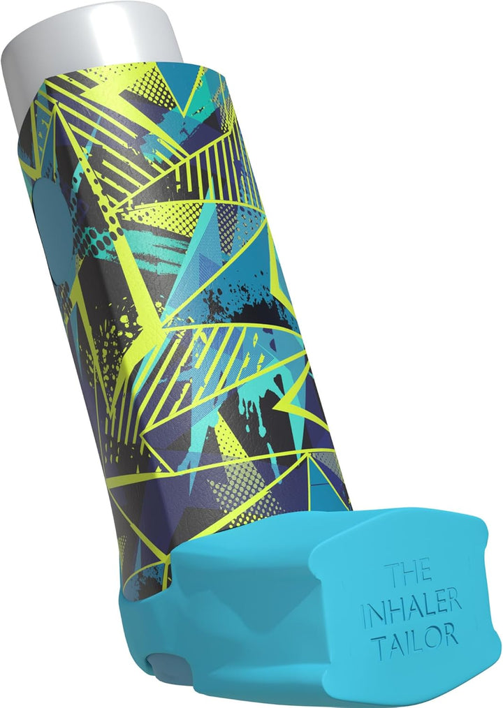 Sport Collection of Inhaler Cases – for Ventolin and Shorter Style Inhalers – Vegan Leather Case for Kids and Adults – Handmade in England (Neon Geometric, Shorter Style)