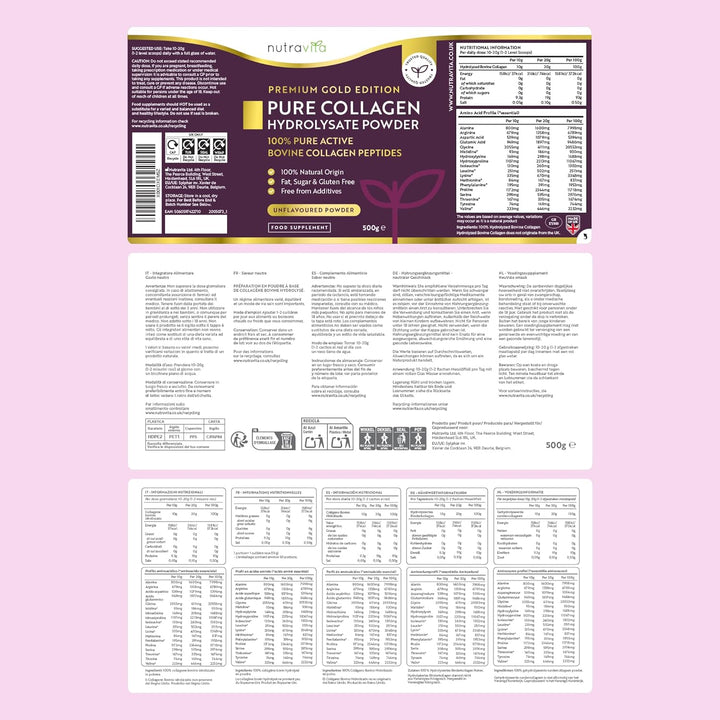 Collagen Powder 500G - Premium Gold Standard Bovine- 50 Servings - Collagen Peptides Supplement with 8 Essential Amino Acids - Made in the UK