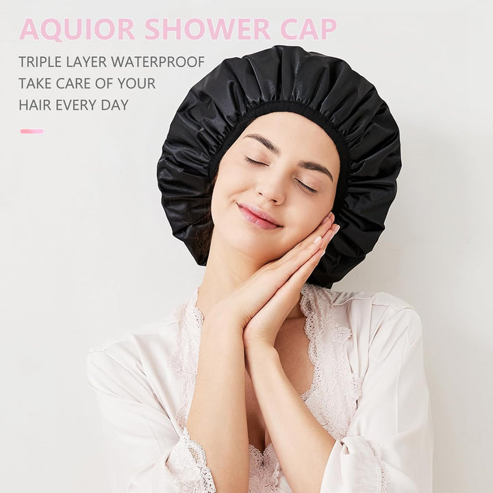 Shower Cap,Extra Large Triple Layer Bathing Cap with Dry Hair Function for Women Microfiber Terry Cloth Silky Satin 100% Waterproof Reusable Long Hair Bath Caps