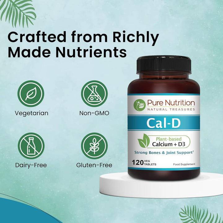 Pure Nutrition Cal D - Plant Based Calcium with VIT D3 K2 & Magnesium | 120 Tabs | 500Mg Vegan Calcium per Serving | Supplement for Bone Health