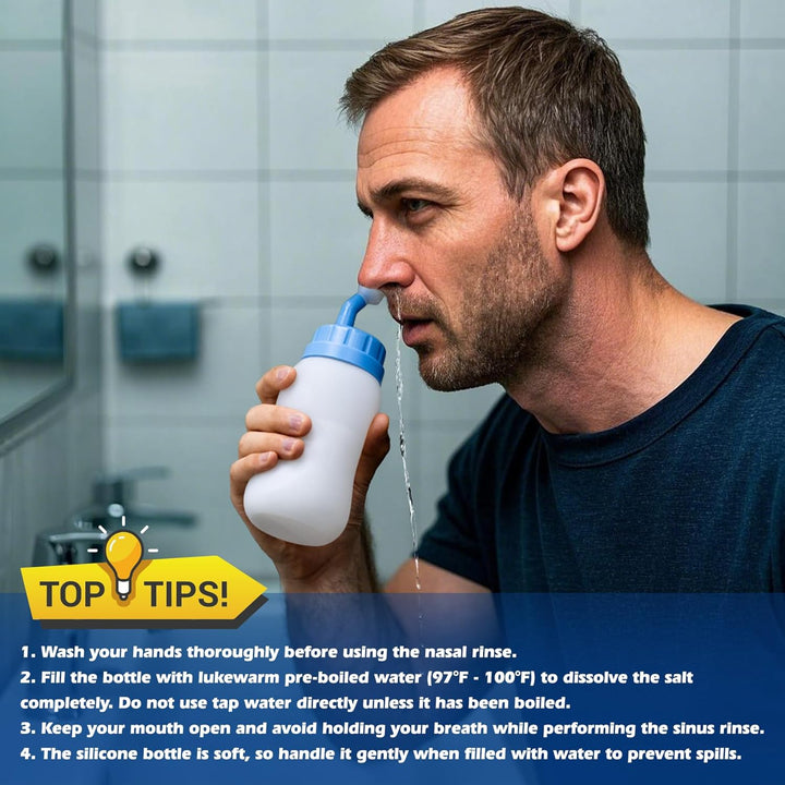 Neti Pot Sinus Rinse Squeeze Bottle Nose Wash Cleaner Pressure Rinse Nasal Irrigation for Adult & Kid BPA Free 300 ML with 30 Nasal Wash Salt Packets(Blue)
