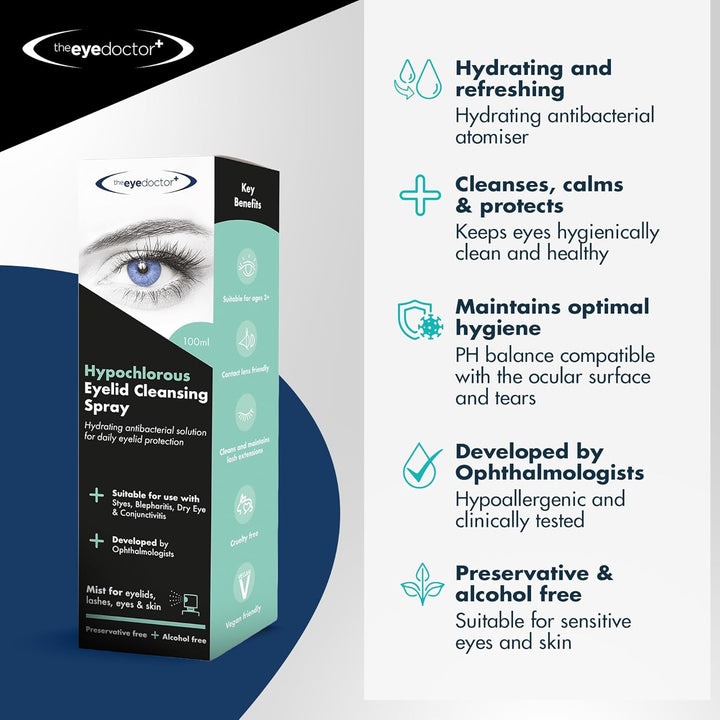 Hypochlorous Eyelid Cleansing Spray - Hypoallergenic with Antibacterial Properties for Use with Dry Eye, Blepharitis & MGD - Preservative & Alcohol Free, Contact Lens Friendly, 100Ml