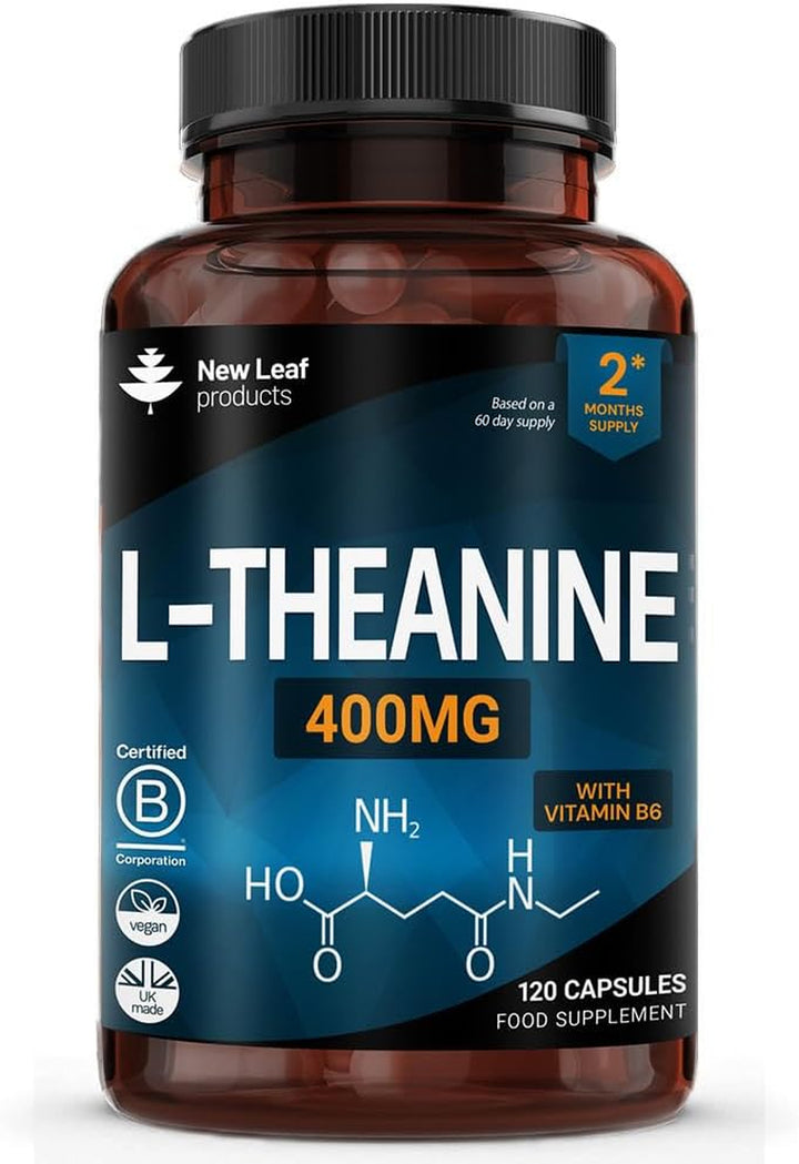 L Theanine Enriched with Vitamin B6 - High Strength L Theanine 400Mg Natural Nootropics from Green Tea - 120 Vegan L-Theanine Capsules - Made in the UK Theanine Supplements by New Leaf