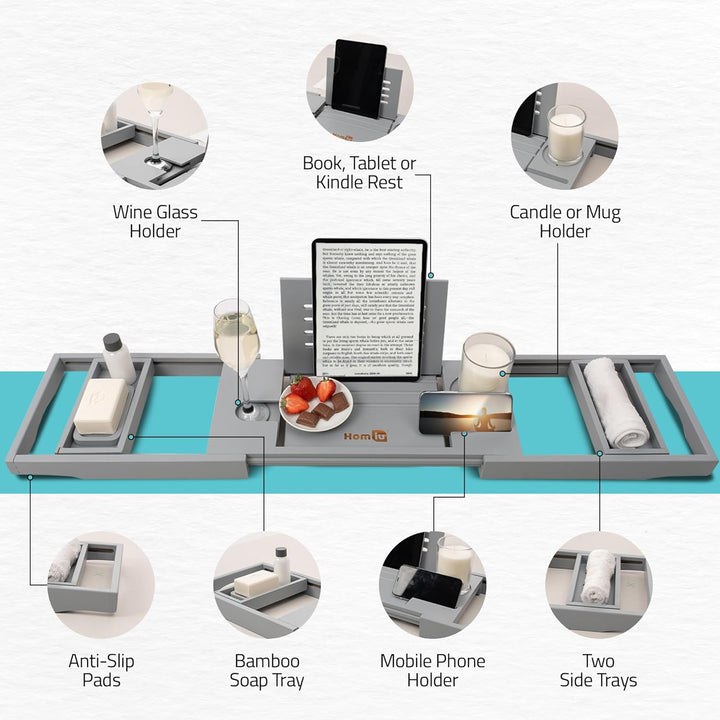 Bamboo Bath Tray - Extendable Bath Caddy - Natural Wooden Bathtub Tray with Candle, Wine Glass, Book Rest, Ipad & Phone Holder Stand - Luxury Bathtub Accessories - Bath Accessories (Grey)