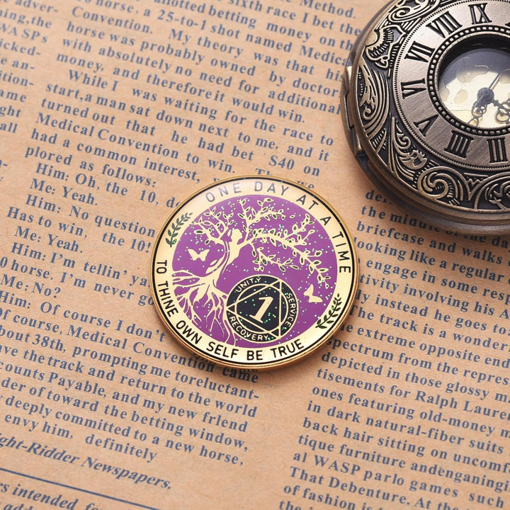 One Year Sobriety Coin AA Chips and Medallions Sobriety Coin for Women Tree of Life Recovery Coins Anniversary Token Sobriety Gifts Alcoholics Anonymous Gift - to Thine Own Self Be True