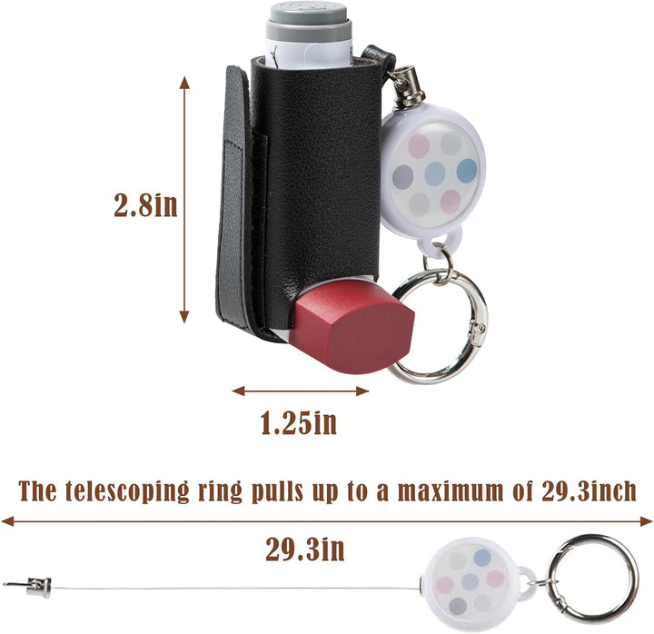 Asthma Inhaler Holder Keychain Retractable Clip PU Leather Portable Travel Handy Holder for Kids and Adults, Inhaler Not Included (Black)