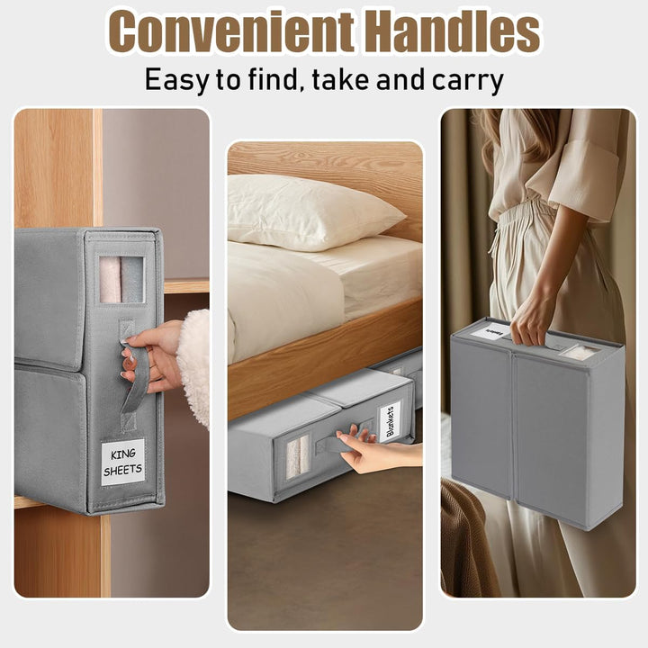 Bed Sheet Organiser Storage, Bedding Organiser Folder Box, Foldable Bedsheet Organiser Boxes Container for Linen Closet King Queen Size Sheet Duvet Cover Blanket Organisation with Zips, Grey, 2 Pack