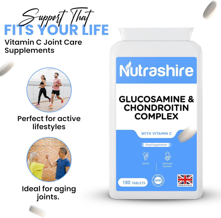 Glucosamine and Chondroitin High Strength Complex 180 Tablets - Vitamin C Joint Care Supplements for Cartilage, Bones, Fatigue & Immune Support – Made in the UK