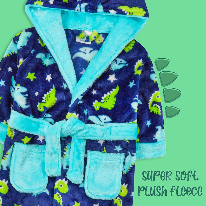 Baby Boys Dino Dressing Gown Hooded Bathrobe Kimono Robe Dinosaur Print Size 6-24 Months