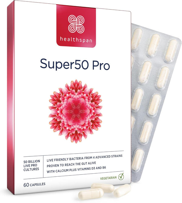 Super50 Probiotic | Gut Health | with Vitamin D3 | 50 Billion Live Probiotic Cultures | Vitamin B6 | Calcium | Vegetarian (60 Capsules)