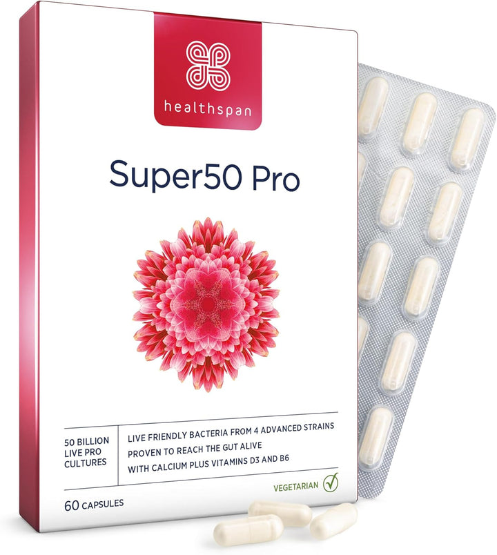 Super50 Probiotic | Gut Health | with Vitamin D3 | 50 Billion Live Probiotic Cultures | Vitamin B6 | Calcium | Vegetarian (60 Capsules)