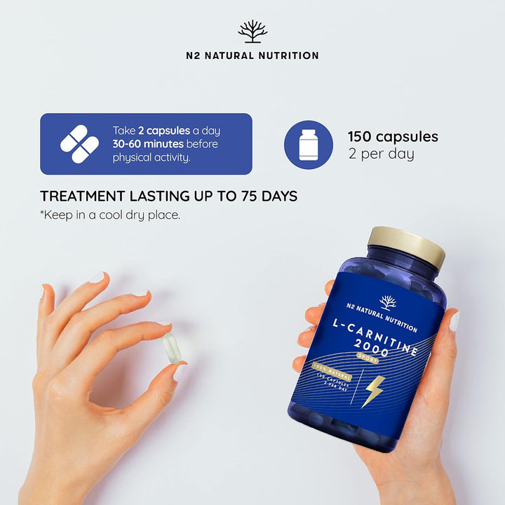 Natural L CARNITINE 2000Mg 150 Capsules 75 Days (Only 2 Capsules per Day) High Concentration Improves Sports Performance. Weight Loss, Energy Resistance. CE Manufactured.