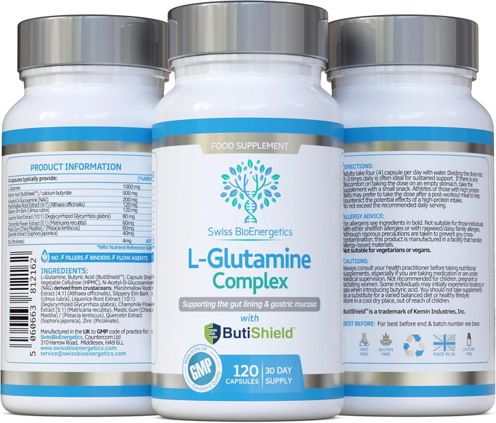 L-Glutamine Complex with Butyric Acid, Glucosamine (N-Acetyl-D), Marshmallow Root, Slippery Elm Bark, Liquorice Root, Chamomile Flower, Mastic Gum, Quercetin & Zinc - UK Made and No Artificial Nasties