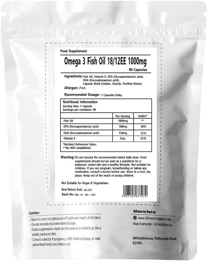 Omega 3 Fish Oil 18/12-1000Mg X 90 - High Strength - with DHA & EPA - UK Health House Supplements - Omega-3 Nutritional Supplements