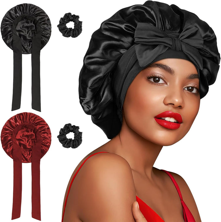 Silk Bonnet, Satin Bonnets for Sleeping, 1 PCS Adjustable Hairs Bonnetss for Women and Hairs Band, Hairs Silk Bonnet for Sleeping, Hairs Bonnets with Tie Band for Curly Hair Braid Women Black