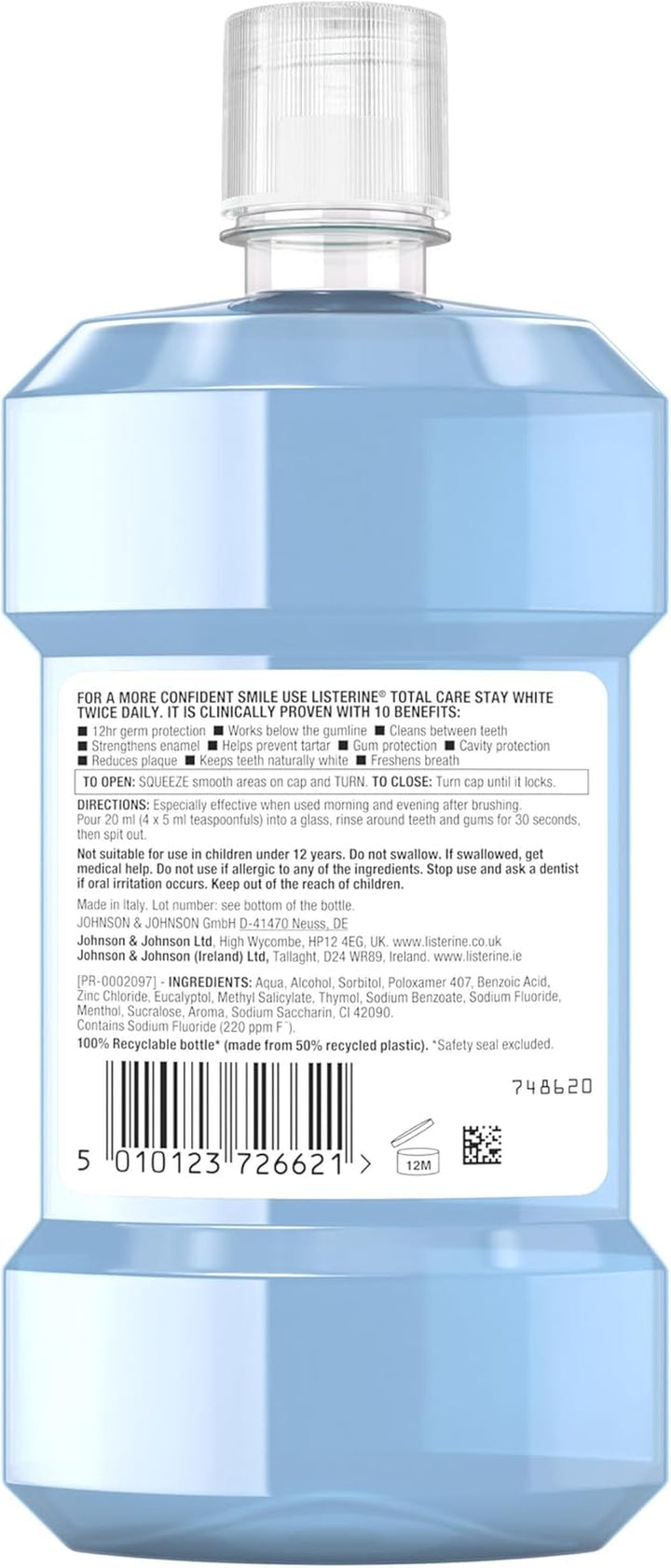 Total Care Stay White Mouthwash (1X 500Ml), 10-In-1 Benefit Mouthwash for Total Oral and Gum Care to Maintain a Clean and Healthy Mouth and Naturally White Teeth