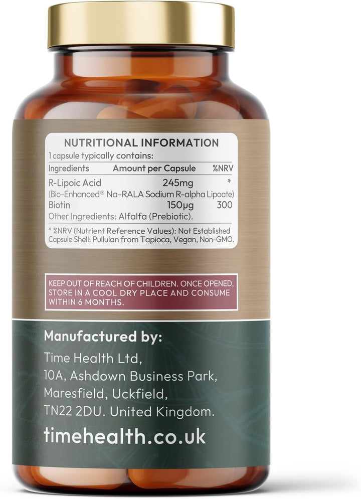 Bio-Enhanced® R-Lipoic Acid - 60 X 245Mg Capsules - Stabilised & Highly Dosed Na-Rala - Biotin - UK Made - GMP Standards - Zero Additives - Vegan - Pullulan - 60 Capsules