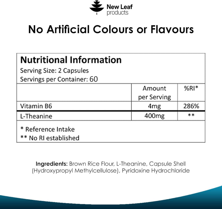 L Theanine Enriched with Vitamin B6 - High Strength L Theanine 400Mg Natural Nootropics from Green Tea - 120 Vegan L-Theanine Capsules - Made in the UK Theanine Supplements by New Leaf