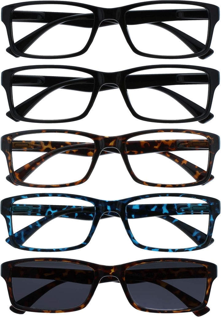 PEP Reading Glasses for Women Men, Large Rectangular Designer Frame with Spring Hinges, Scratch Resistant, Black +2 (Pack of 5)