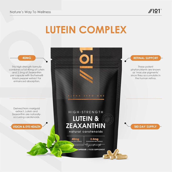 Lutein & Zeaxanthin with Bioperine® – 40Mg Lutein 2.85Mg Zeaxanthin – 180 Vegan Capsules – Natural Carotenoids from Marigold Extract – Resealable and Recyclable Pouch by