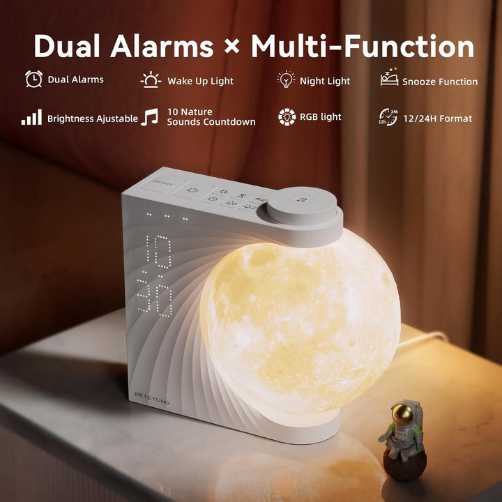 Moon Lamp Sunrise Alarm Clock, 2 Alarm Clocks, Wake up Light 8 Atmosphere Colours, Natural Sound Bedside Lamp, 3 Levels of Brightness Night Light Gifts for Women Girls Boys, Home Decoration.
