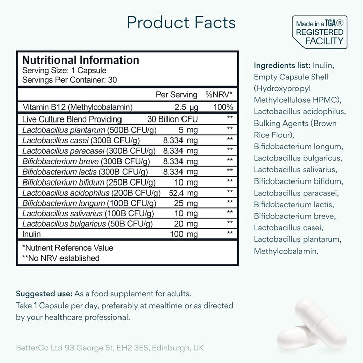 Probiotics for Gut Health | 30 Billion CFU for Adults | Bloating Relief & Complete Gut Repair | with Acidophilus, Prebiotic Inulin, Vitamin B12 & Lactobacillus | 30 Capsules