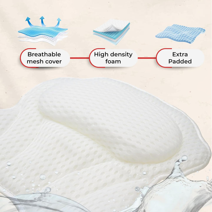 Luxury Bath Pillow for Bathtub - Comfortable Head, Neck & Back Support Spa Pillow - 4D Mesh Cushion with 6 Suction Cups - Fits All Bathtubs, Hot Tubs & Spa Tubs - Quick-Dry Bath Pillow White