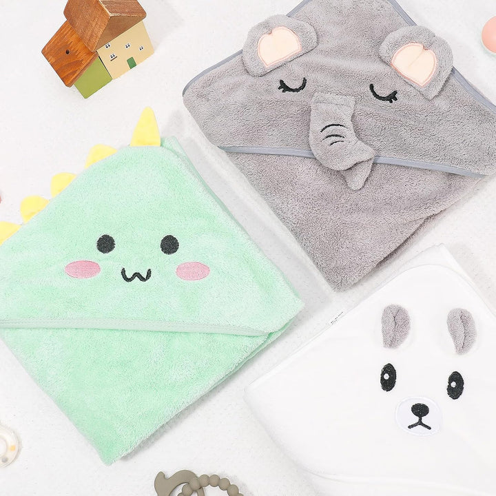 3 Pcs Hooded Baby Towels, Ultra Soft Newborn Towels with Hood, Cute Animal Design Absorbent Baby Bath Towels for Newborn Boys and Girls, 80X80Cm