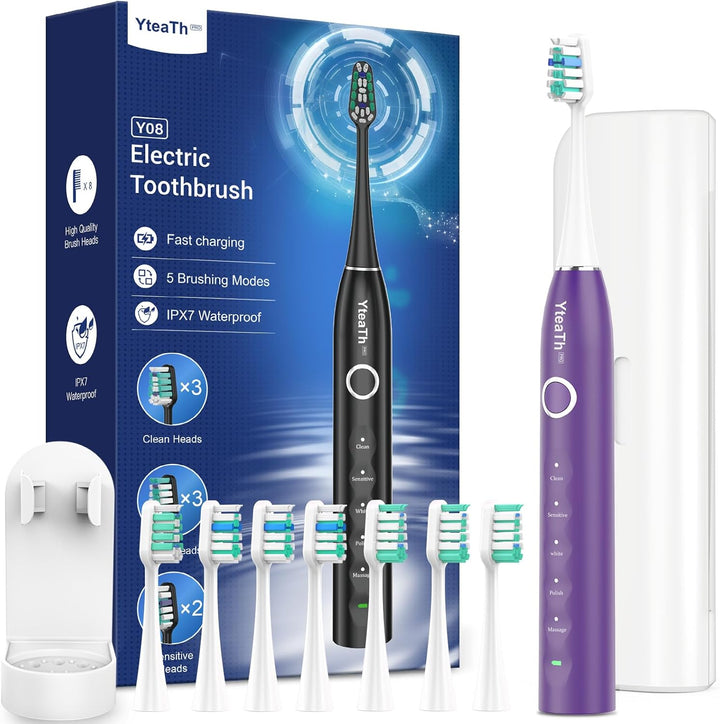 Sonic Electric Toothbrush for Adults and Kids - Sonic Toothbrush with 8 Toothbrush Heads (3 Types) and 5 Modes, 120 Days Battery Life, 50000 VPM, Travel Case and Wall Holder, 2 Minute Timer, USB C