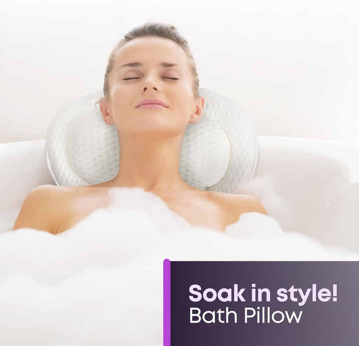Bath Pillow with 6 Suction Cup and Air Mesh Technology, Ergonomic Design Helps Support Head and Neck, Non-Slip (White)
