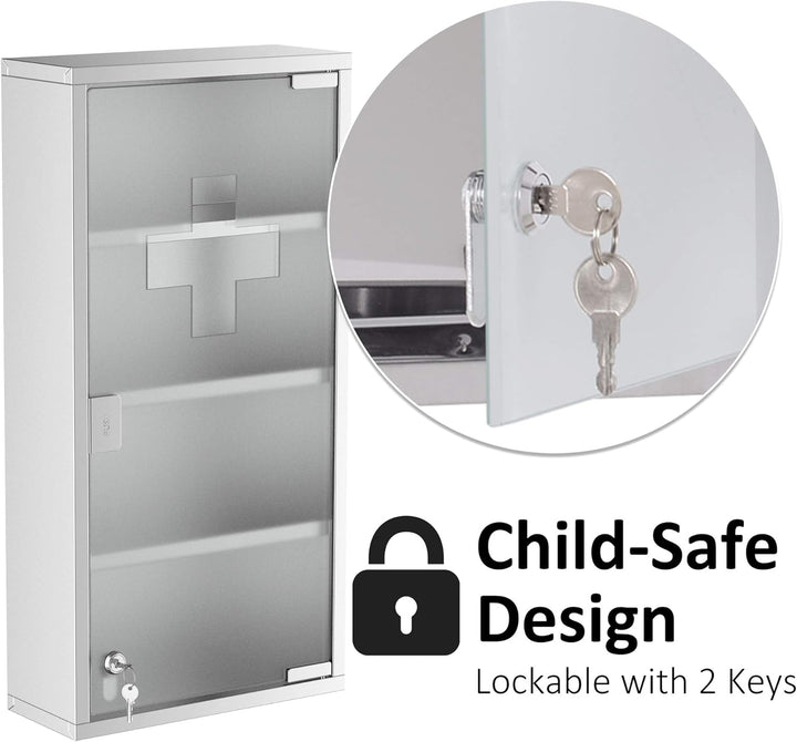 4 Tier Stainless Steel Wall Mounted Medicine Cabinet Glass Lockable Door Storage Shelves Houseware Bathroom Furniture 60Hx30Wx12D(Cm) W/2 Keys