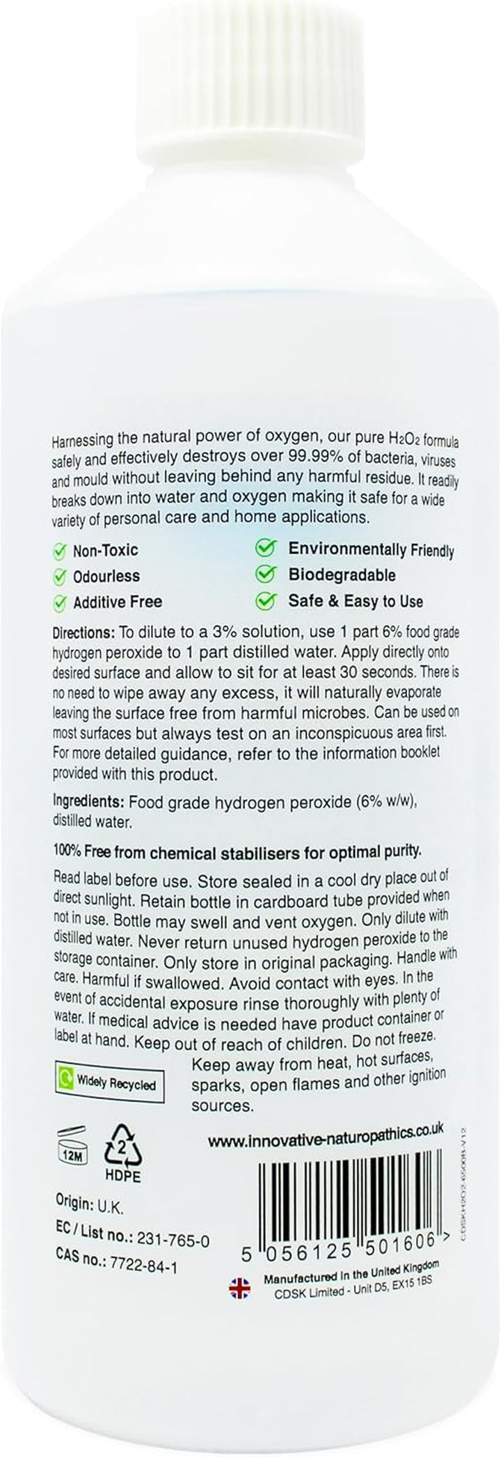 Food Grade Hydrogen Peroxide - Purest Grade 6% - 500Ml - Unstabilized and Additive Free - 20 Vols
