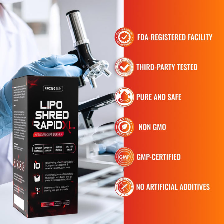 Lipro Shred Rapid XL Fast-Acting Weight Loss Fat Burner & Appetite Suppressant – Triple Action with Apple Cider Vinegar, Garcinia Cambogia, Green Tea – Boosts Energy, Burns Fat, Increases Metabolism