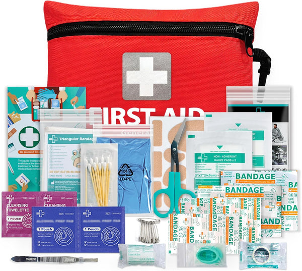 Mini First Aid Kit, 92 Pieces Small First Aid Kit - Includes Emergency Foil Blanket, Scissors for Travel, Home, Office, Vehicle, Camping, Workplace & Outdoor (Red)