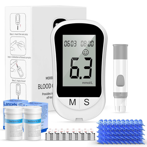 Blood Sugar Monitor Blood Sugar Test Kit with 100 Test Strips & 100 Lancets, No Coding Diabetes Testing Kit 250 Memory 5 Seconds Accurate for Diabetics Home Self-Testing-In Mmol/L