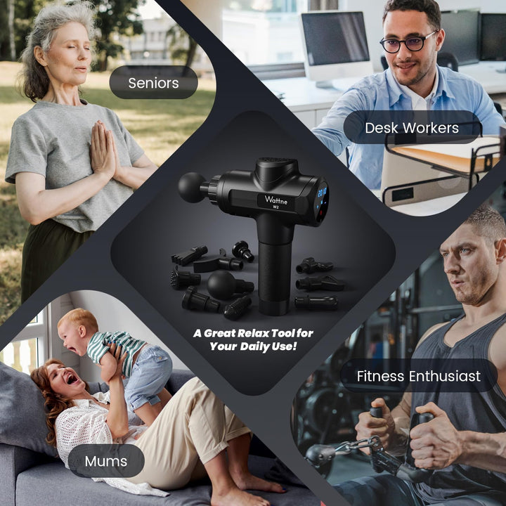 Muscle Massage Gun Deep Tissue Percussion Massager - Portable Handheld Sport Massagers for Athletes, Super Quiet & Powerful Brushless Motor Cordless, 20 Speed Level, W2 (Black)