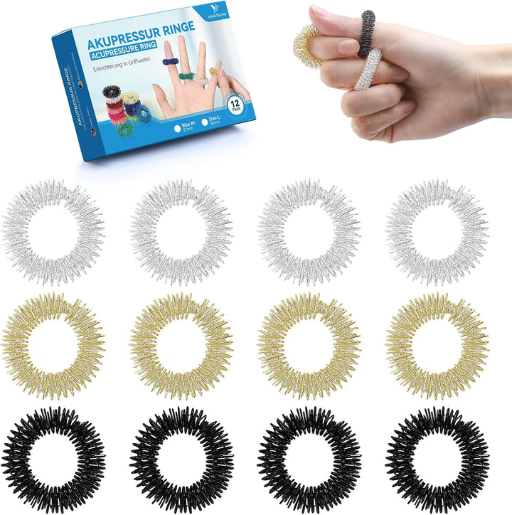 Spring Acupressure Rings, 12PCS 27Mm Spiky Sensory Finger Rings for Anxiety & Stress Relief, Blood Circulation, Versatile Fidget Massager for Adults and Teens 14+ (Multi-Color)