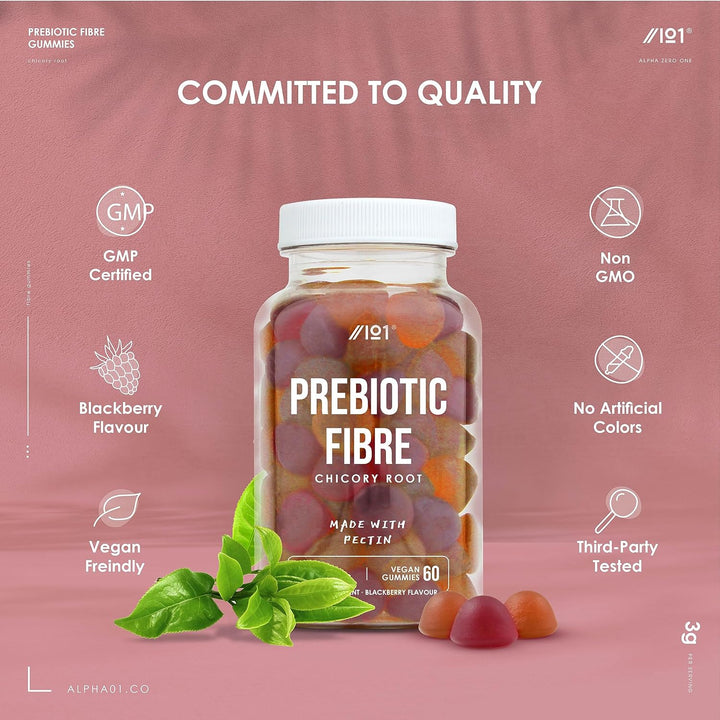 Prebiotic Fibre Gummies 3G - 60 Vegan Gummies - Chicory Root Inulin, Blackberry, Strawberry & Peach Flavour (30 Day Supply) by