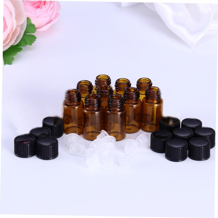 10 Pcs Mini Glass Vial Bottles with Grain Lid and Hole Plug Dark Brown Small Refillable Containers for Essential Oils Chemistry Samples Perfumes Portable Storage