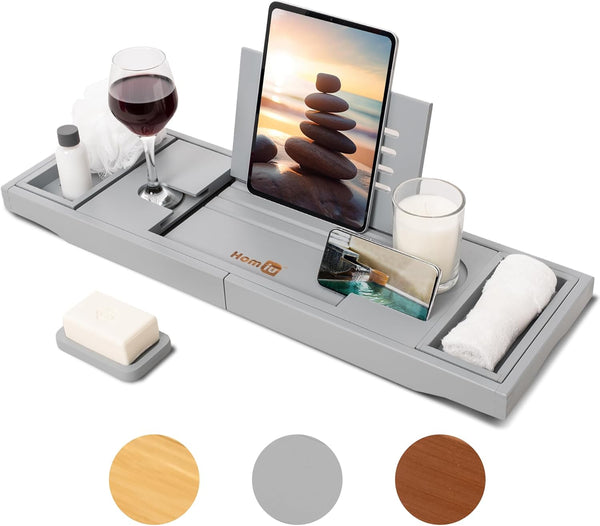 Bamboo Bath Tray - Extendable Bath Caddy - Natural Wooden Bathtub Tray with Candle, Wine Glass, Book Rest, Ipad & Phone Holder Stand - Luxury Bathtub Accessories - Bath Accessories (Grey)