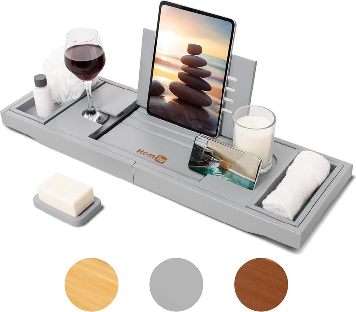 Bamboo Bath Tray - Extendable Bath Caddy - Natural Wooden Bathtub Tray with Candle, Wine Glass, Book Rest, Ipad & Phone Holder Stand - Luxury Bathtub Accessories - Bath Accessories (Grey)