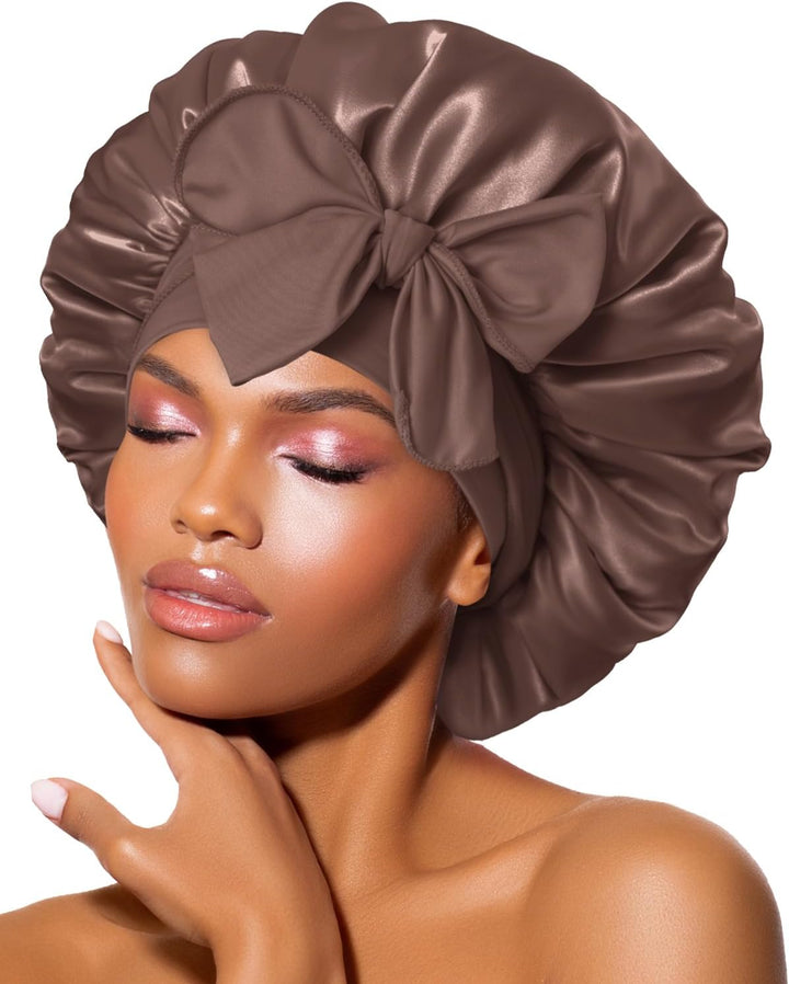 Silk Bonnet for Sleeping for Curly Hair, Satin Bonnet Hair Wrap for Women & Men, Adjustable Silk Scarf Night Cap with Tie Band, Champagne