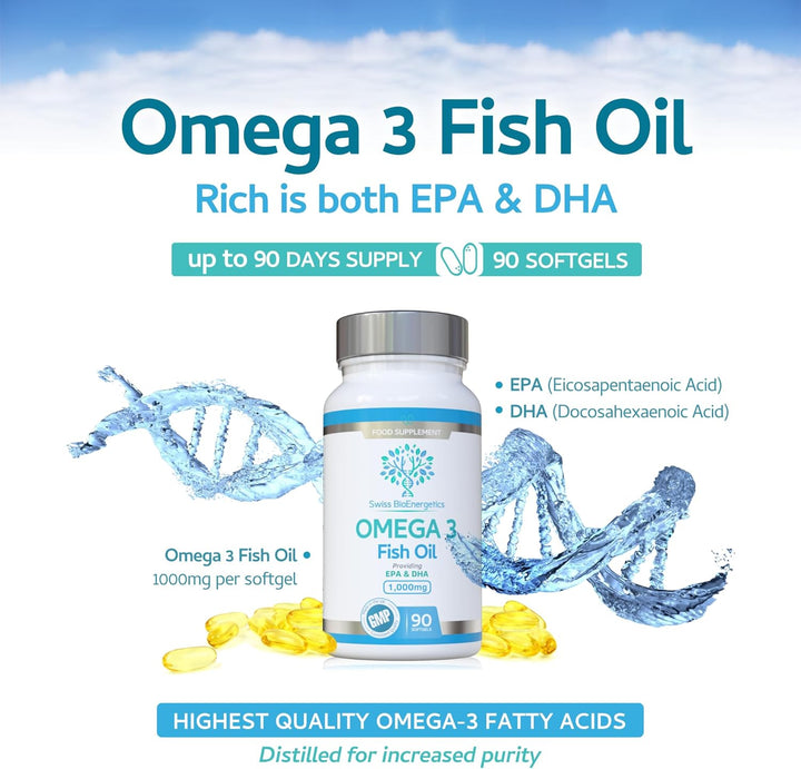 Omega-3 Fish Oil Soft Gels - Ultra Potent 1000Mg, 90 Capsules - Full Strength EPA & DHA - Easy to Swallow Omega3 Fish Oils - Ultimate Joint, Heart & Brain Health Support Supplement - Made in the UK