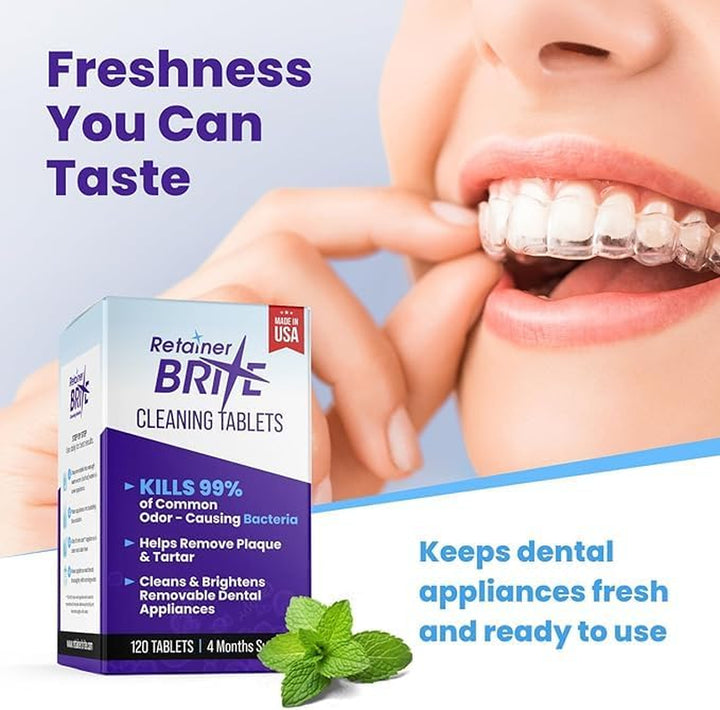 Retainer Brite Cleaning Tablets 96 Pack – Retainer Cleaner & Denture Cleaning Tablets with Retainer Box & Brushes – Aligner & Invisalign Cleaner for Teeth Retainers, Mouth Guard & Oral Hygiene