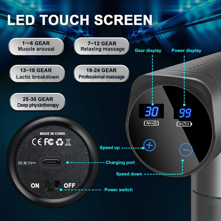 Massage Gun Deep Tissue - Portable Muscle Massage Gun, 30 Speeds with LCD Touch Screen, Electric Back Massager for Pain Relief, 6 Heads for Shoulder & Body Relaxation (Black)