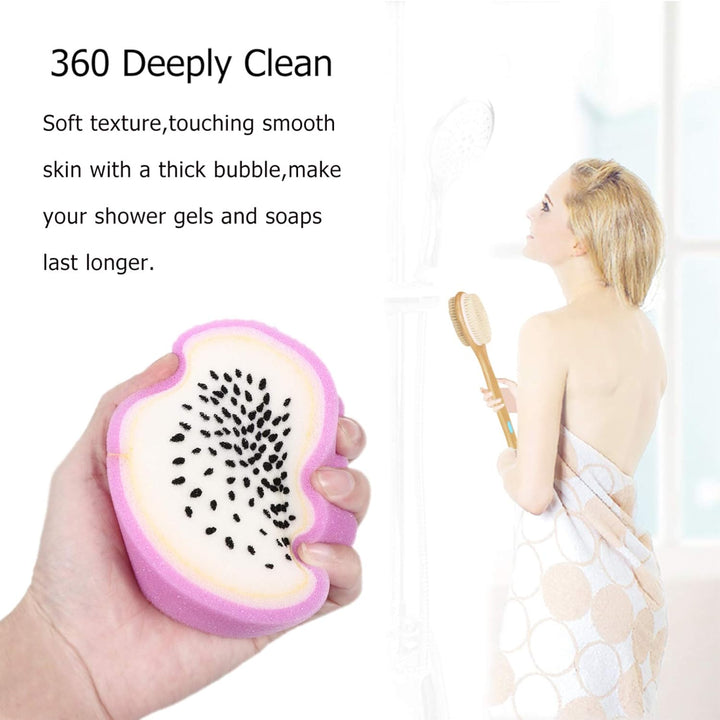 4Pcs Fruit Kids Shower Brushes Baby Bath Ball Shower Sponge Pitaya Watermelon Strawberry Kiwi Scrubbers for Baby Toddler Kids Bathing