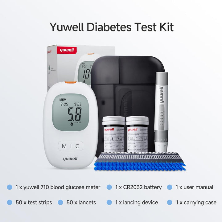 Blood Glucose Monitor, Diabetes Testing Kit with Test Strips X 50 and Lancets X 50, Ideal for Home Use Batteries Included (Model 710)