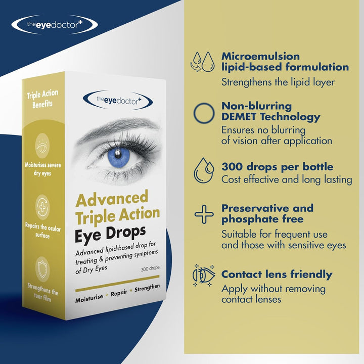 Dry Eye Drops, Advanced Triple Action Formula – Lipid-Based Eye Drop for MGD, Blepharitis & Evaporative Dry Eye, Preservative Free, Contact Lens Friendly, 300 Drops, 10Ml