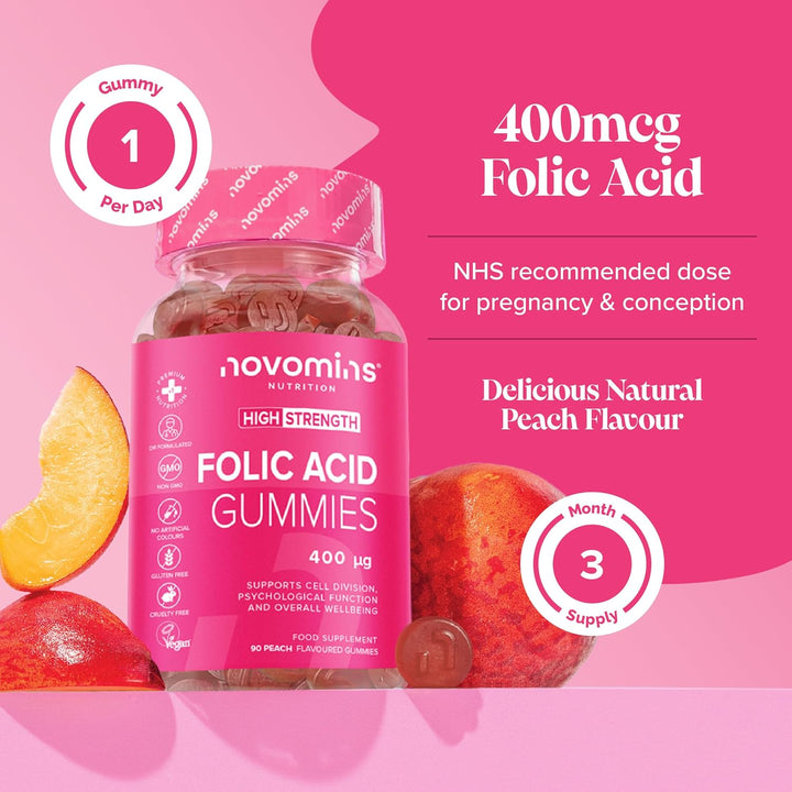 Folic Acid Gummies - 3 Month Supply of Folic Acid - High Strength 400 MCG - Prenatal Pregnancy Gummies Health & Maternal Tissue Growth during Pregnancy -