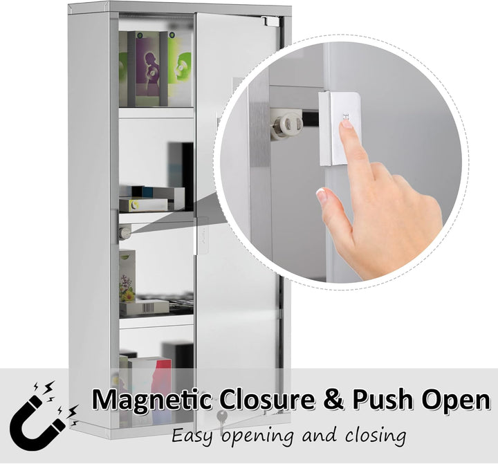 4 Tier Stainless Steel Wall Mounted Medicine Cabinet Glass Lockable Door Storage Shelves Houseware Bathroom Furniture 60Hx30Wx12D(Cm) W/2 Keys